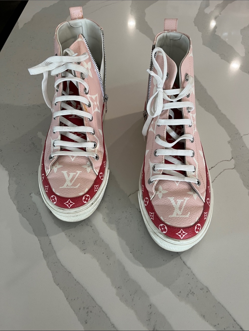 Louis Vuitton Pink & Red Monogram High-Top Sneakers